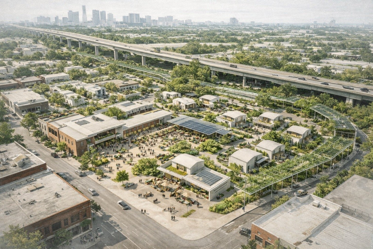 Aerial perspective of Vine of Freedom corridor-scale regenerative infrastructure spine in Houston (2026).