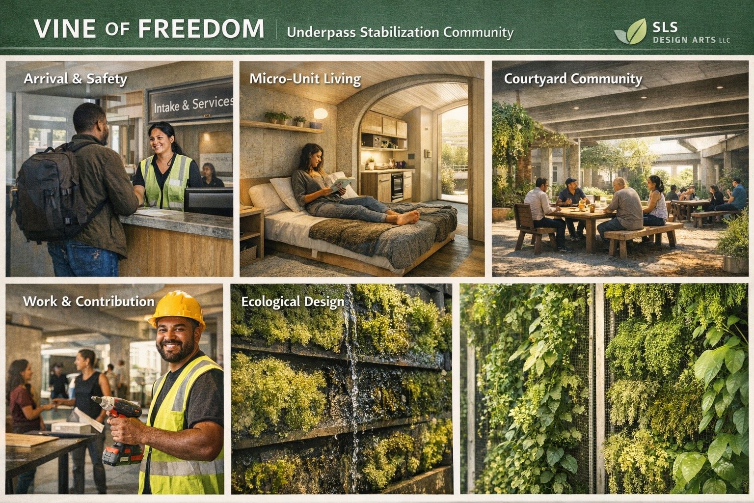 Vine of Freedom gateway node under Houston freeway with solar canopy, micro-units, and gardens (2026).