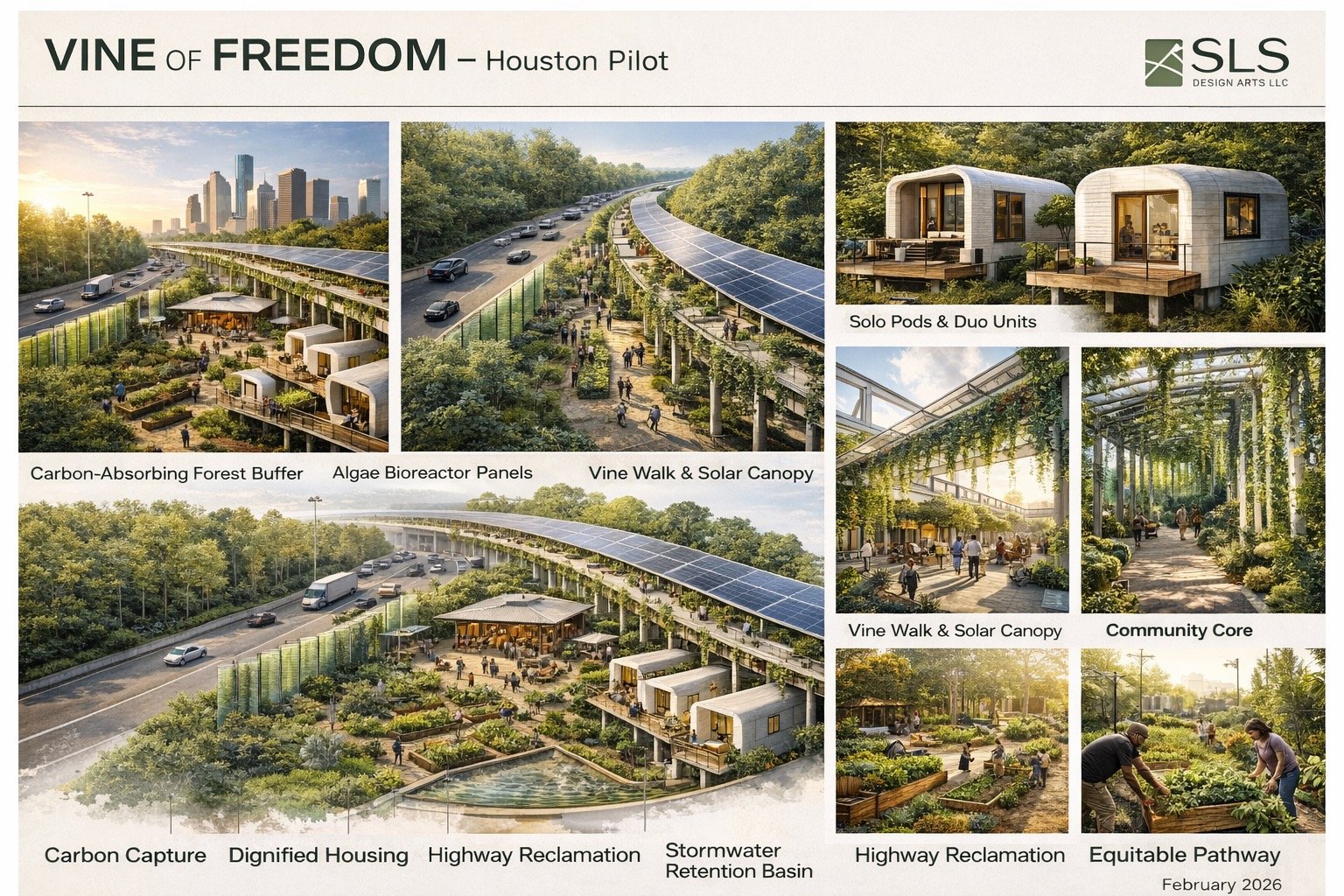 Houston pilot presentation board for Vine of Freedom showing program, solar canopy, corridor reclamation, and stormwater systems (2026).