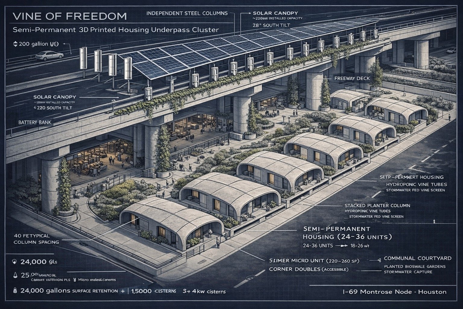 Blueprint board of semi-permanent housing underpass cluster with solar canopy, battery bank, hydroponic vine tubes, and communal courtyard bioswales (2026).