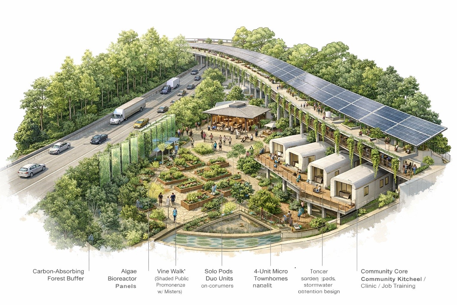 Annotated systems diagram for Vine of Freedom gateway node showing carbon buffer, bioreactors, vine walk, micro-units, stormwater, and community core (2026).