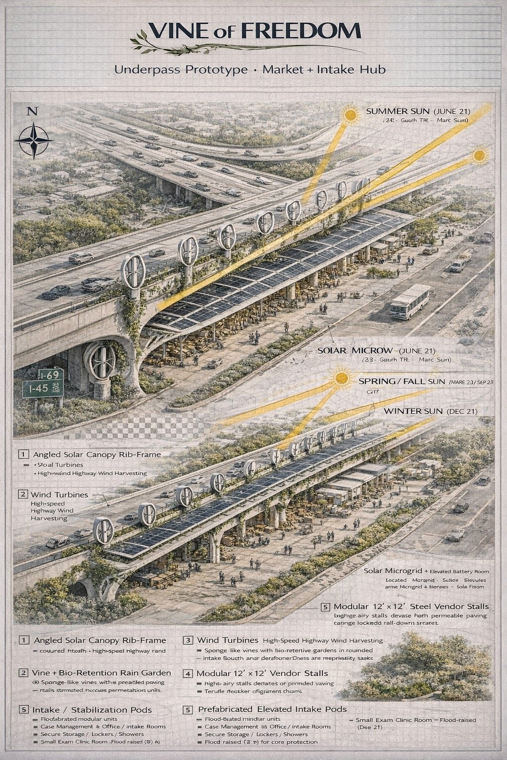 Underpass prototype board showing market and intake hub with solar canopy, wind harvesting, and seasonal sun angles (2026).