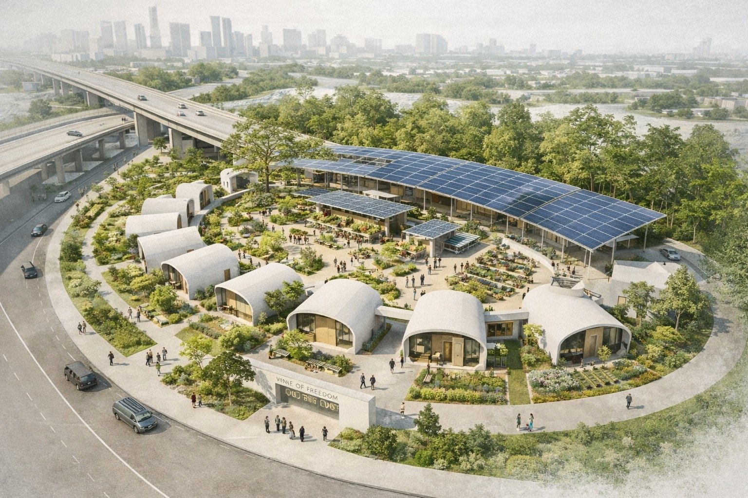 Stabilization community board showing arrival and safety, micro-unit living, courtyard community, work contribution, and ecological design layers (2026).